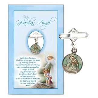 Guardian Angel metal baby brooch for boys on a card with the Guardian Angel prayer