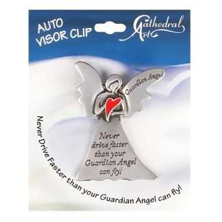 Guardian Angel Car Visor Clip, angel shape with red heart, text “Never drive faster than your Guardian Angel can fly”