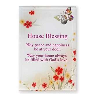 Glass House Blessing standing plaque with prayer, 3 inches by 4¾ inches, stands on flat surfaces