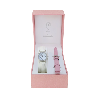 Elegant white watch with a sparkling stone-set dial. Includes an additional pink leather strap. 2-year warranty included.