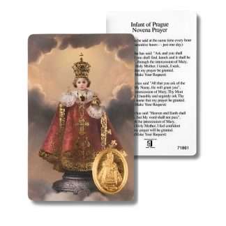 nfant of Prague Novena Prayer Card, laminated with foil medal on front, novena prayer on reverse, for urgent needs and intercession