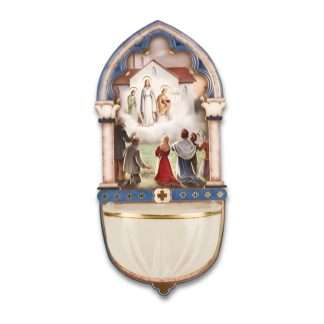 Wooden holy water font featuring the Knock Apparition with gold foil highlights and a luminous bowl