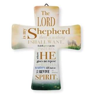 Porcelain message cross with Psalm “The Lord is my shepherd,” glazed finish, with hanger and stand