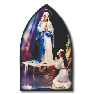 Lourdes Metal Plaque with Light, arched window stained glass, standing or hanging, 8¼ × 5 × 1½ inches