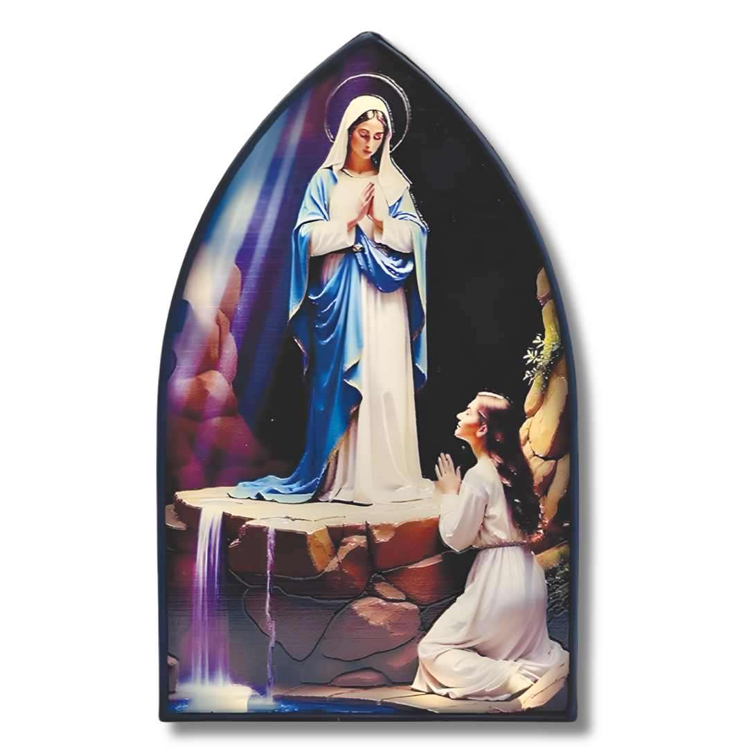Lourdes Metal Plaque with Light, arched window stained glass, standing or hanging, 8¼ × 5 × 1½ inches