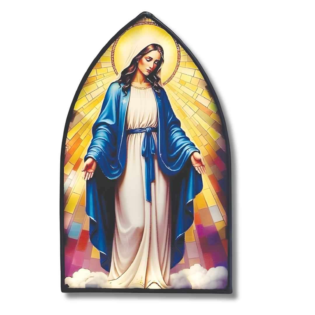 Miraculous Metal Plaque with Light, arched window stained glass, standing or hanging, 8¼ × 5 × 1½ inches