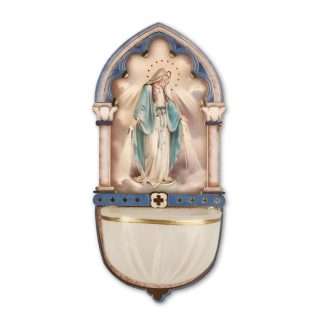 Wooden holy water font featuring a Miraculous image of Our Lady with gold foil highlights and a luminous bowl