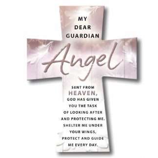 Pink resin Guardian Angel standing cross with embossed prayer, stands on flat surfaces