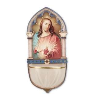 Wooden holy water font featuring an image of the Sacred Heart with gold foil highlights and a luminous bowl