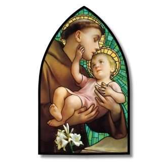 Saint Anthony Metal Plaque with Light, arched window stained glass, standing or hanging, 8¼ × 5 × 1½ inches