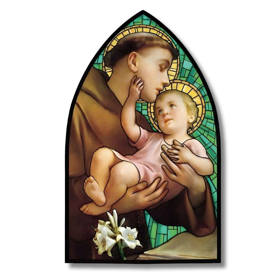 Saint Anthony Metal Plaque with Light, arched window stained glass, standing or hanging, 8¼ × 5 × 1½ inches