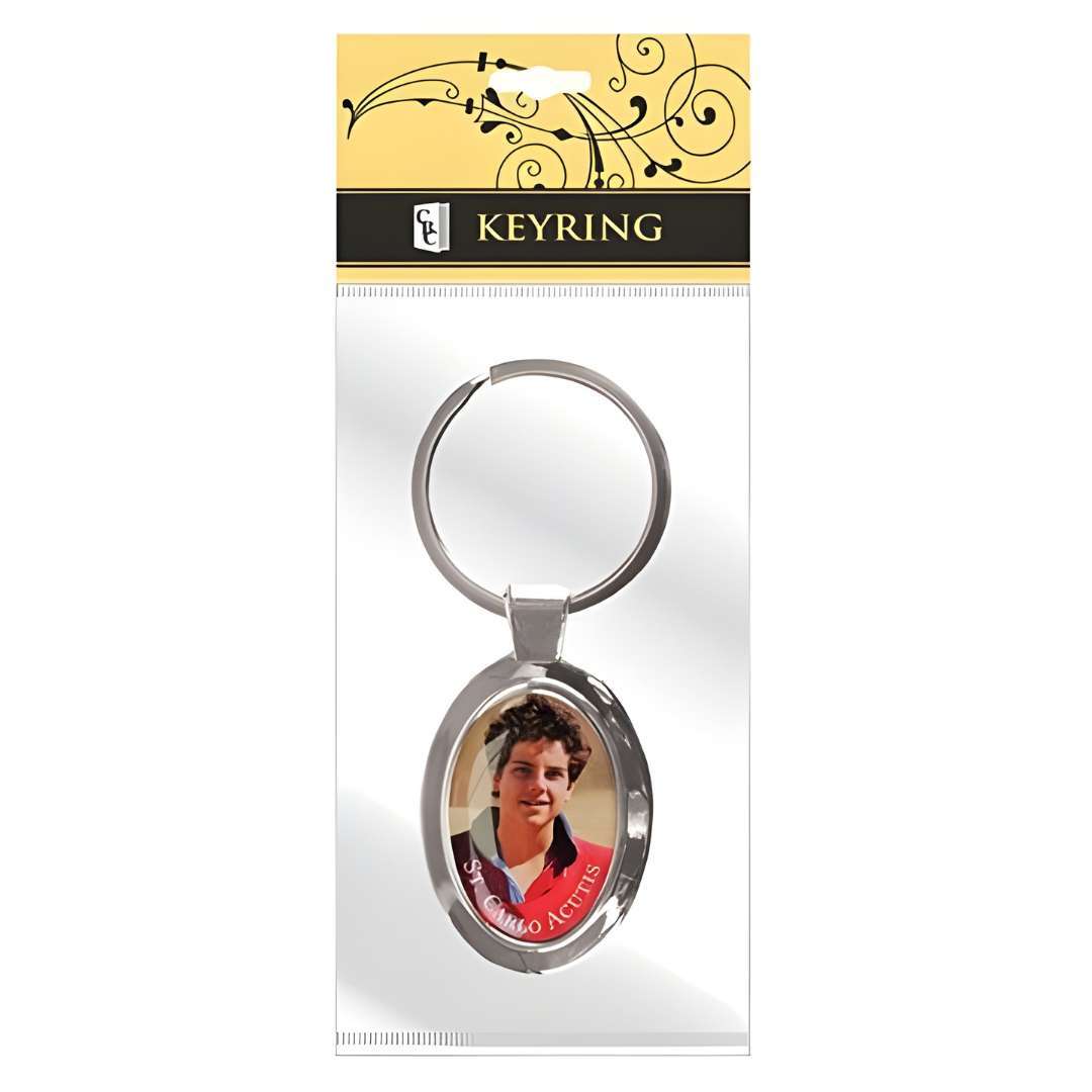 Saint Carlo Acutis metal keyring with resin picture