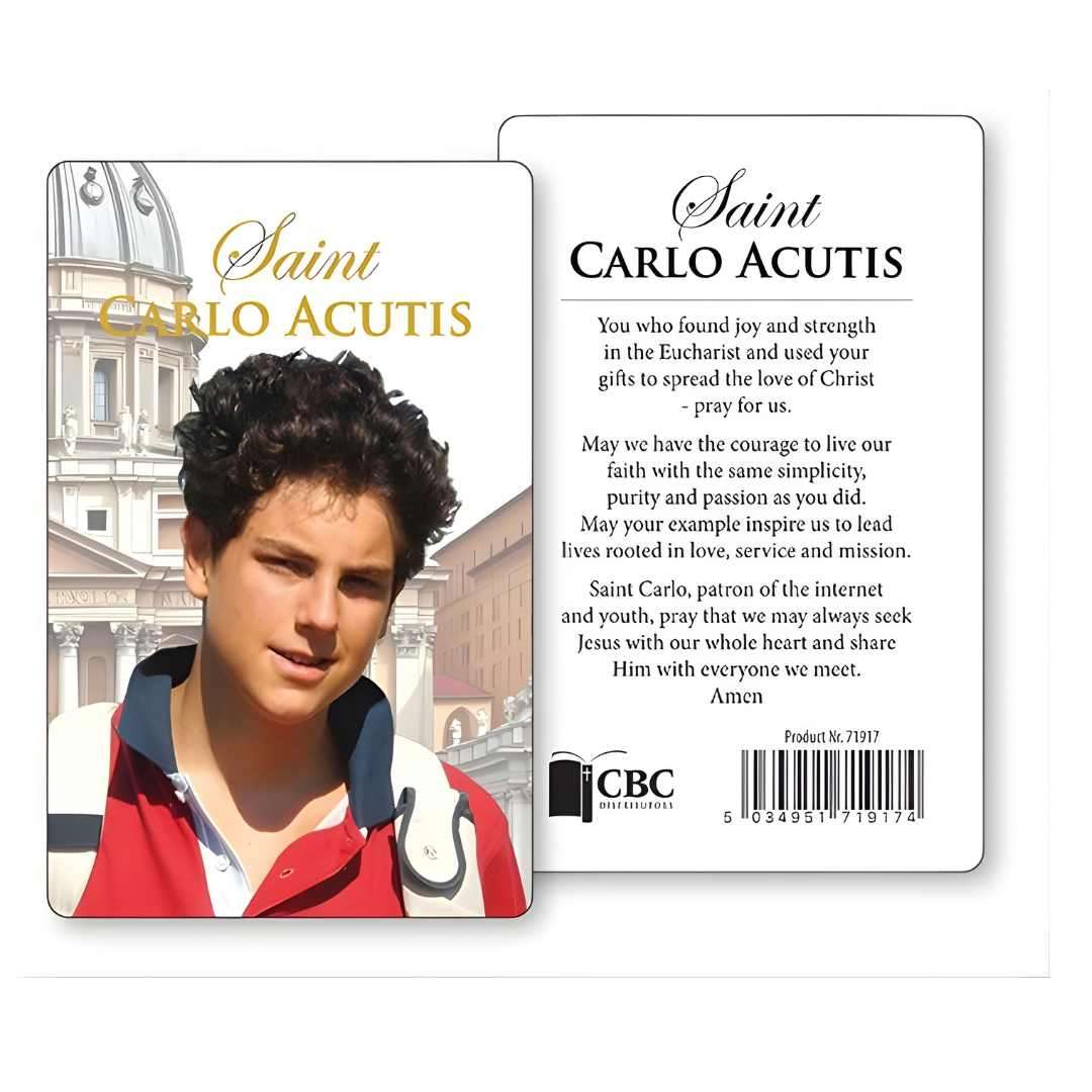 Saint Carlo Acutis Prayer Card, laminated, prayer on reverse, millennial saint, patron of the internet, youth, and Eucharistic devotion