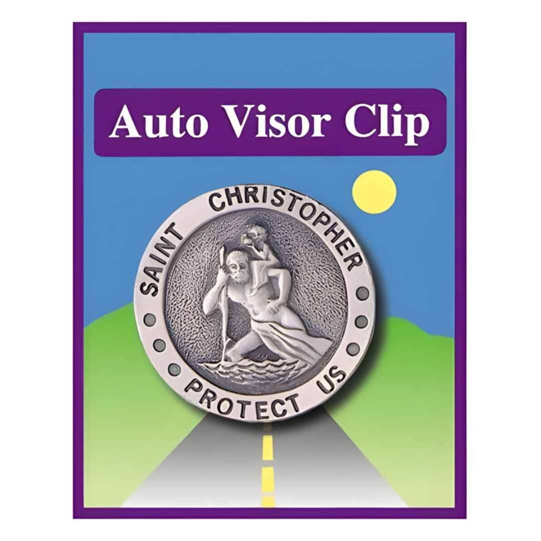 Round pewter car visor clip featuring Saint Christopher and the words “Saint Christopher Protect Us”