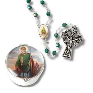 Saint Patrick Rosary in decorative porcelain box with glass dome lid and green acrylic AB rosary, 2½ × 1½ inches