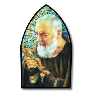 Saint Pio Metal Plaque with Light, arched window stained glass, standing or hanging, 8¼ × 5 × 1½ inches