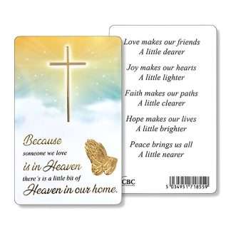 Someone in Heaven Verse Card, laminated 3¼ × 2¼ inches, front text “Because someone I love is in heaven, there's a little bit of heaven in our home”