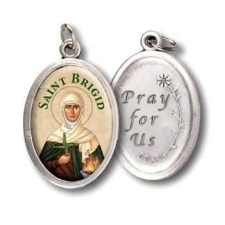 Oxidised St Brigid picture medal with Saint Brigid image on front and “pray for us” engraved on the back