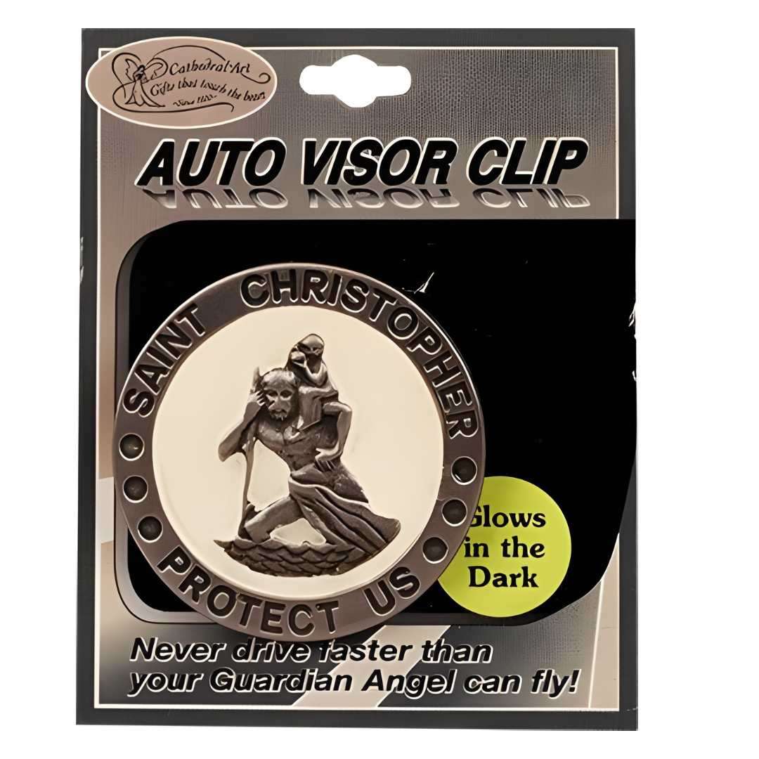 St. Christopher Luminous Car Visor Clip, pewter, 2-inch diameter, subtle glow-in-the-dark, patron saint of travellers
