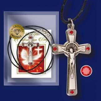 1½ inch metal Confirmation crucifix with red Swarovski crystals on cord