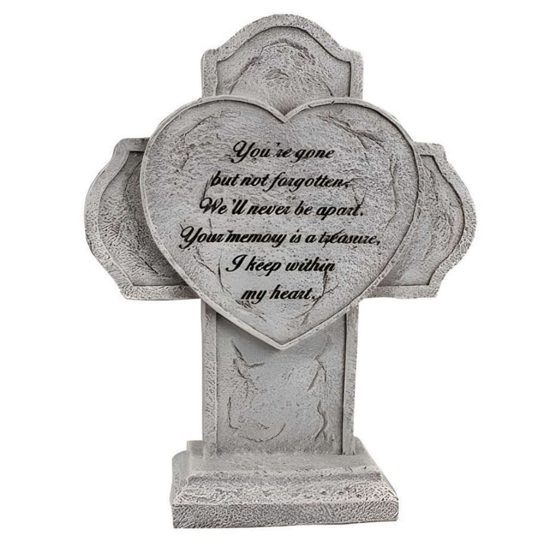 Resin grave cross with heart, stone finish, memorial inscription