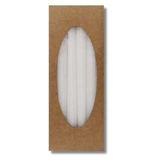 Box of 12 white taper candles measuring 10 inches tall and 3/4 inch diameter