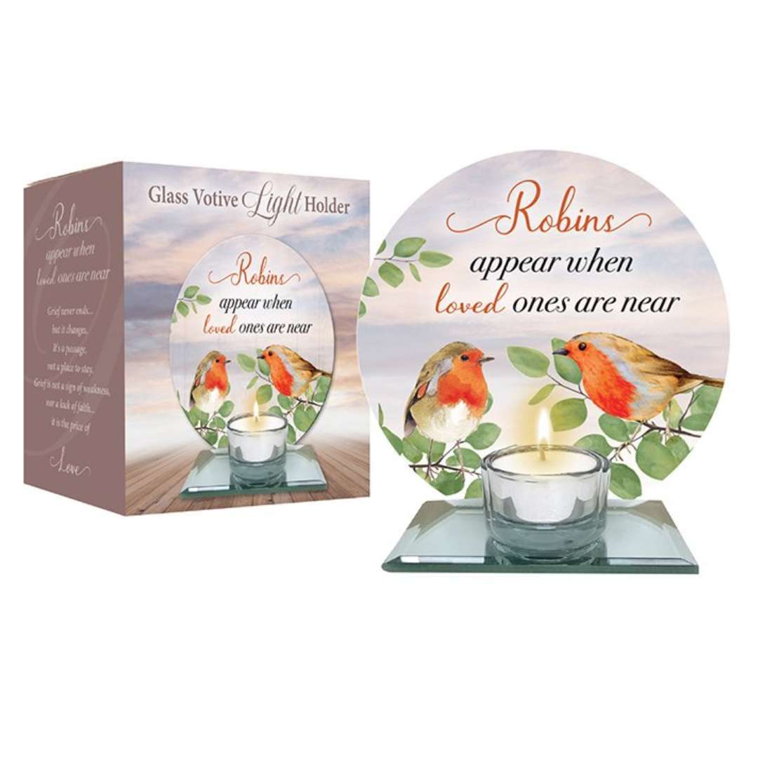 Glass votive light holder with the words Loved Ones Are Near When Robins Appear and silver-effect tea light insert