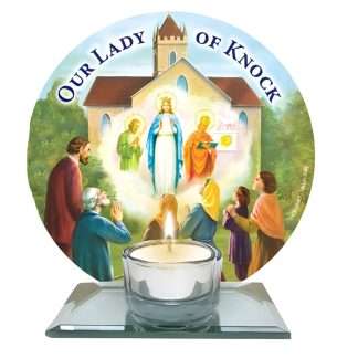 Our Lady of Knock glass votive light holder with silver-effect tea light insert