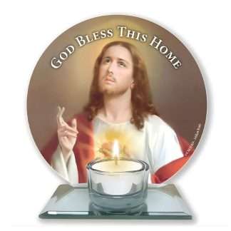 Sacred Heart God Bless This Home glass votive light holder with silver-effect tea light insert
