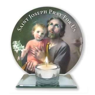 Saint Joseph glass votive light holder with silver-effect tea light insert and votive included