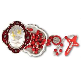 wooden confirmation rosary with red beads and Holy Spirit dove centrepiece in matching box