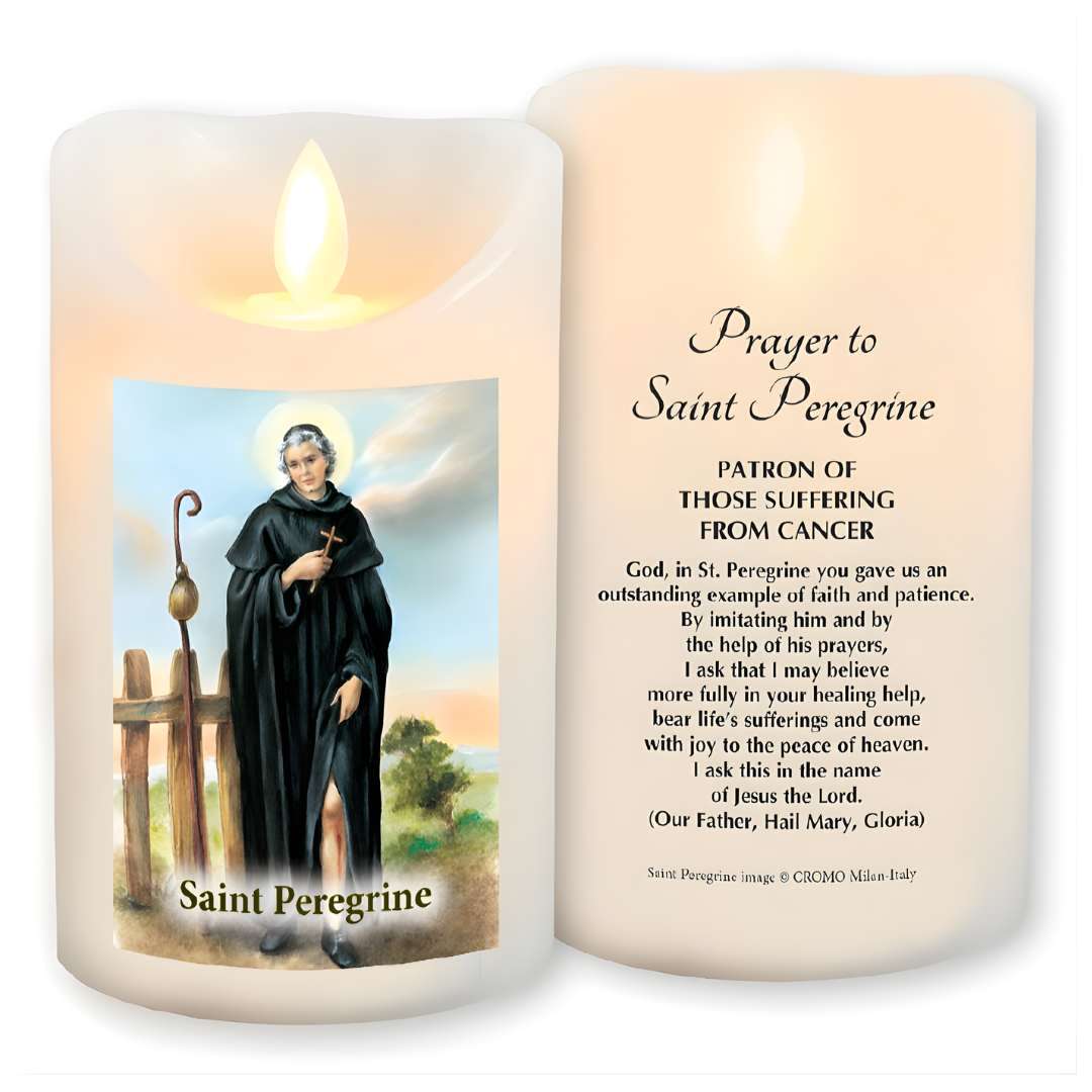 Saint Peregrine 3x5 inch vanilla scented wax LED prayer candle with timer