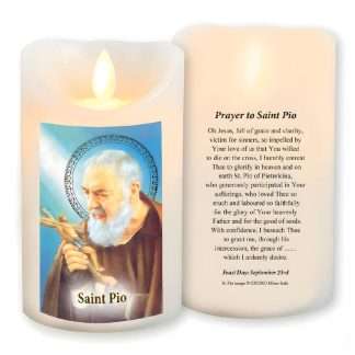 Saint Pio 3x5 inch vanilla scented wax LED candle with prayer and timer