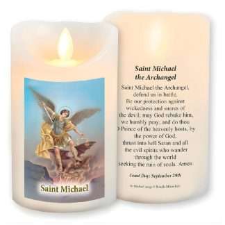 St Michael 3x5 inch vanilla scented wax LED candle with prayer and timer