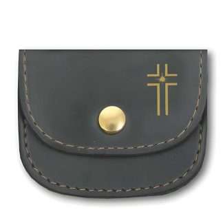 black bonded leather rosary purse with stud fastener and decorative stitching measuring 3.25 x 3 inches