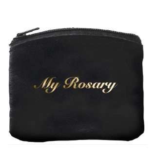 black bonded leather rosary purse with zip fastening measuring 2¾ x 3¼ inches for secure rosary storage