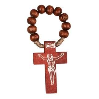wood carved brown bead finger rosary measuring 2.5 inches with small smooth beads