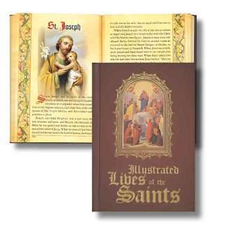 Colour illustrated Lives of the Saints book hardback leatherette cover with gold foil stamping and embossing