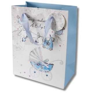 Congratulations Baby Boy gift bag with silver foiling, blue ribbon bow, grosgrain ribbon handles and matching gift tag.