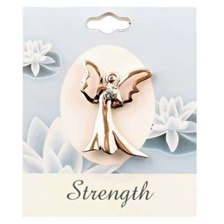 “Strength” angel pin with hollow wings and a pale blue stone at the centre, approximately 1 inch in size.