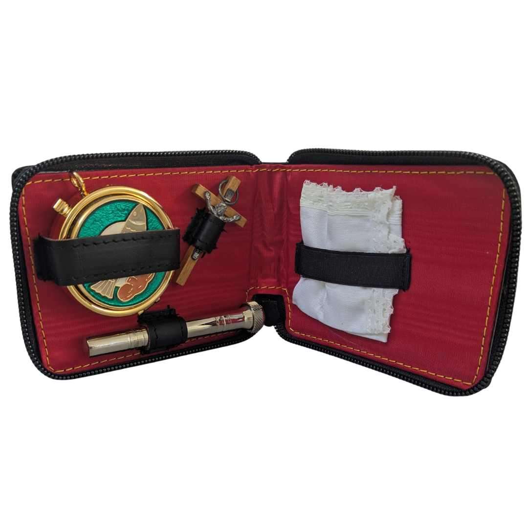 Communion pyx set with fish and loaves design pyx, crucifix, sprinkler and finger cloth inside soft carry case.
