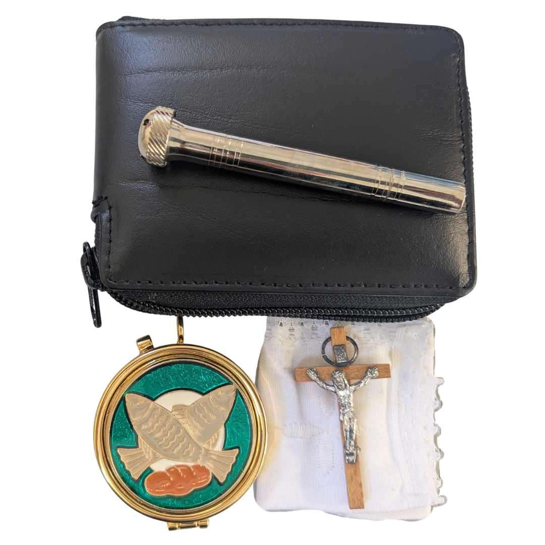 Fish and loaves design communion pyx set with crucifix, sprinkler and finger cloth displayed together.