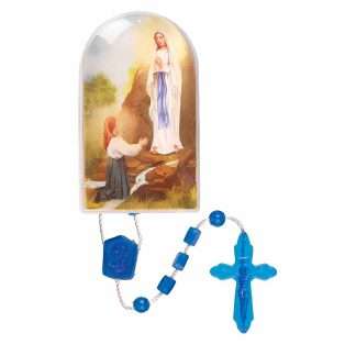 Lourdes plastic corded rosary with 3 × 5 mm prayer beads inspired by Our Lady of Lourdes.