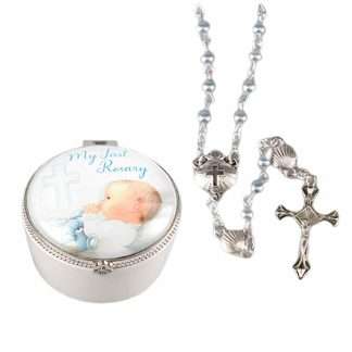 My First Rosary porcelain keepsake box with a glass dome lid containing a blue imitation pearl rosary with shell Our Father beads.