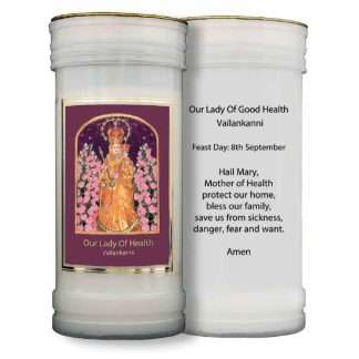 Pack of 2 Our Lady of Health (Vailankanni) pillar candles with devotional image and prayer on the reverse.