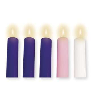 Set of five Advent candles with three purple, one pink and one white candle