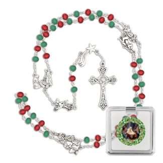 Christmas Rosary with red and green wooden beads, Nativity scenes and silver-coloured crucifix