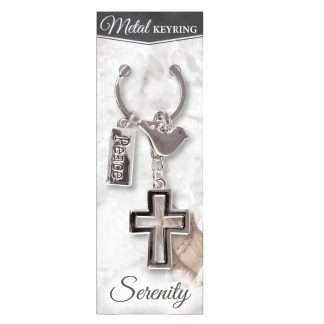 Silver-coloured metal key ring with open cross, dove and Peace charms.