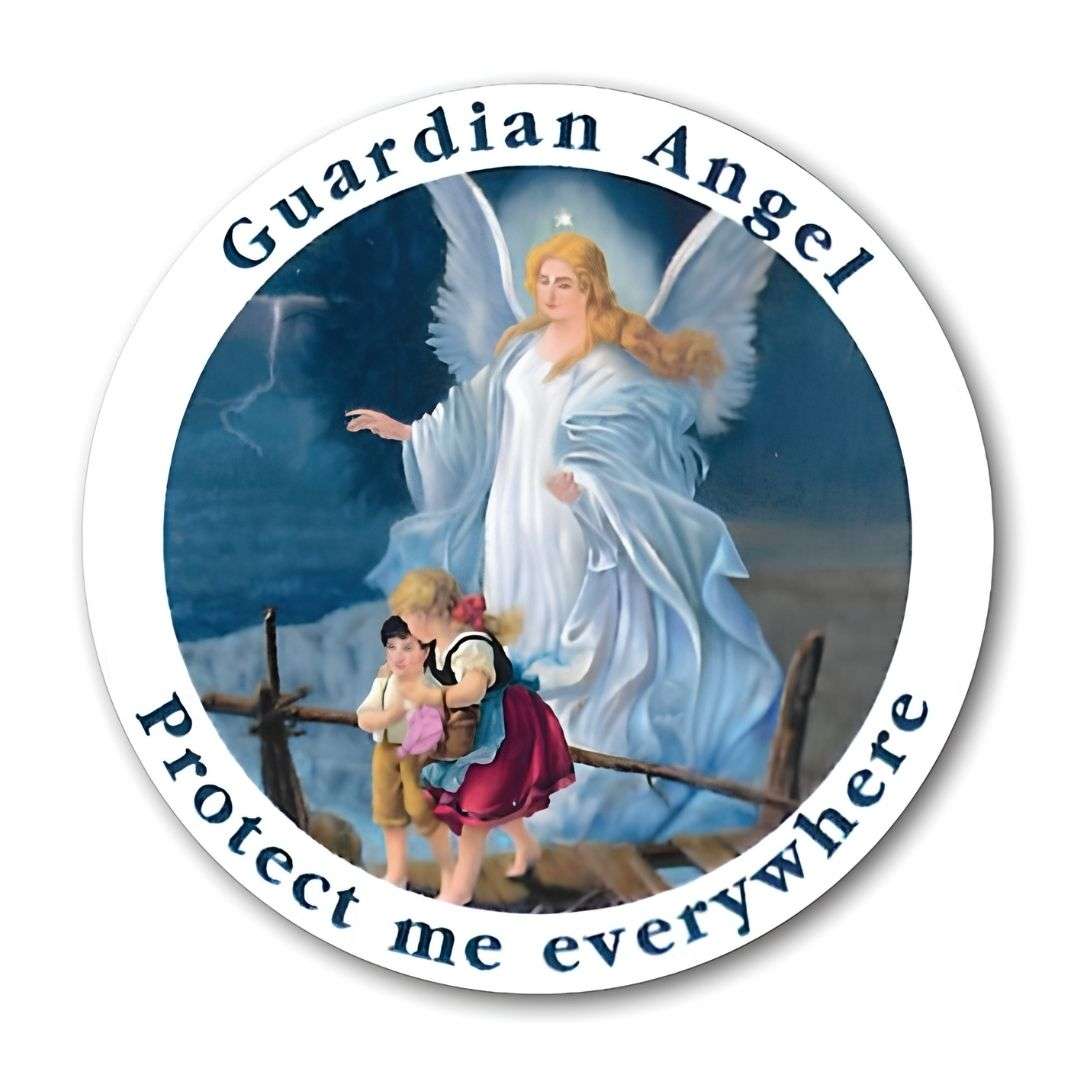 Guardian Angel car sticker showing an angel protecting two children with Protect Me Everywhere text