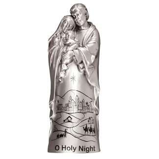 Silver Holy Family Nativity ornament with Mary, Joseph, infant Jesus and O’ Holy Night text
